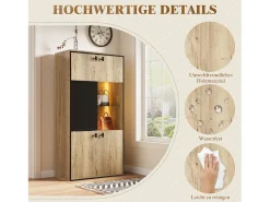 Aparador alto con acabado efecto madera - 77,8 x 36 x 150 cm - con puertas dobles + puertas correderas + LED - madera - natural