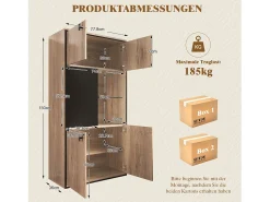 Aparador alto con acabado efecto madera - 77,8 x 36 x 150 cm - con puertas dobles + puertas correderas + LED - madera - natural