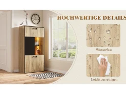 Aparador alto con acabado efecto madera - 77,8 x 36 x 150 cm - con puertas dobles + puertas correderas + LED - madera - natural