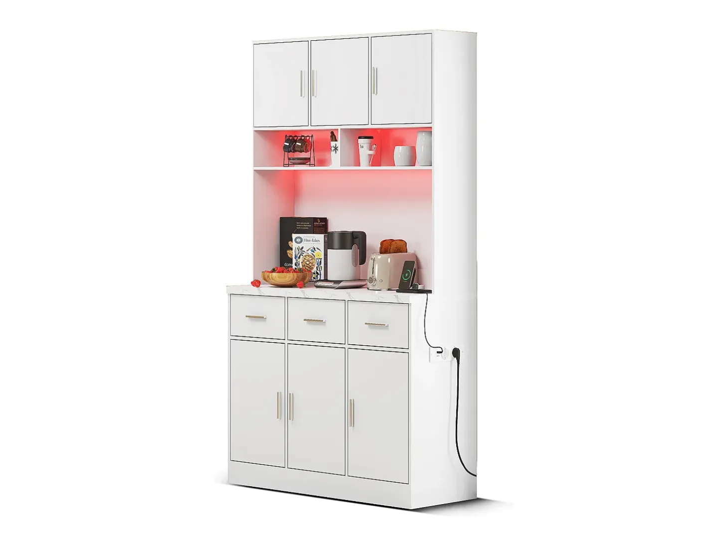 Aparador alto con iluminación LED, 6 puertas y 3 cajones de almacenamiento - blanco