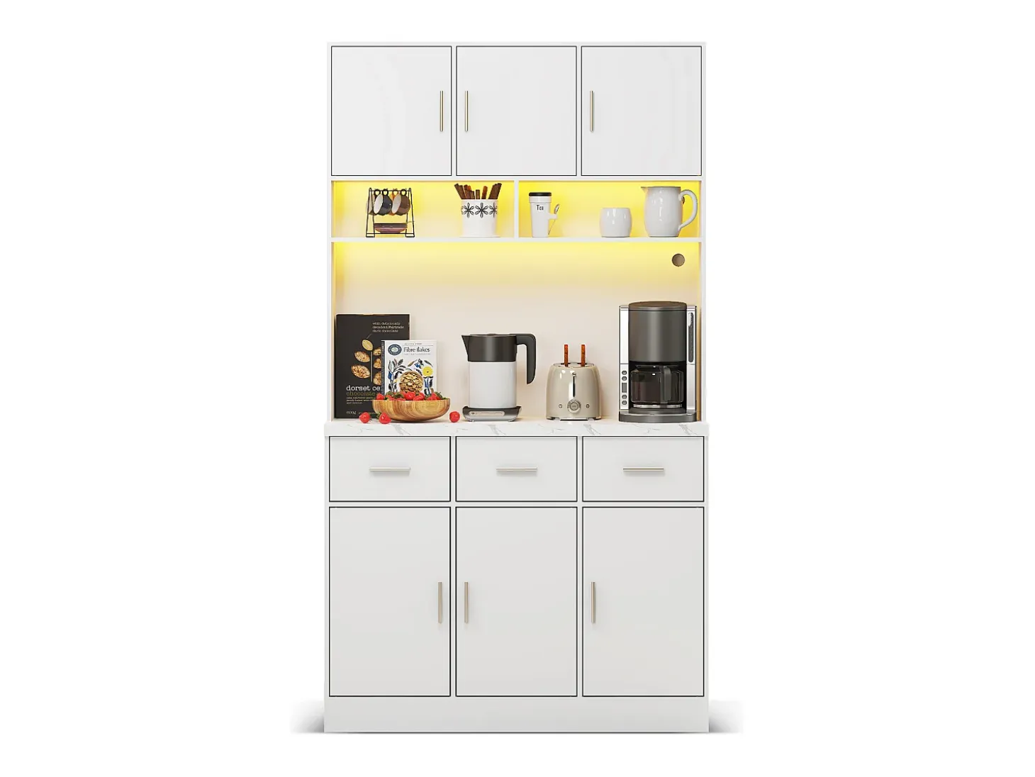 Aparador alto con iluminación LED, 6 puertas y 3 cajones de almacenamiento - blanco