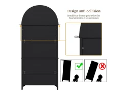 Aparador alto con puertas y cajones, estantes arqueados abiertos, negro, mueble para cocina o salón