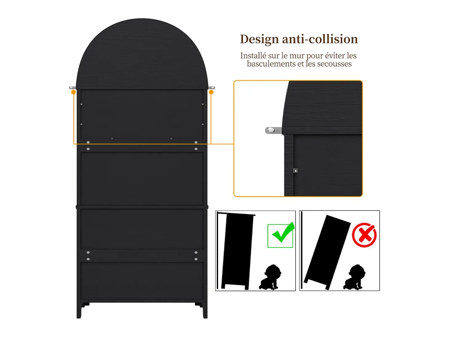 Aparador alto con puertas y cajones, estantes arqueados abiertos, negro, mueble para cocina o salón