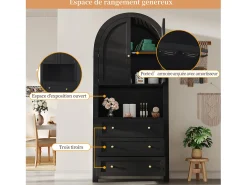 Aparador alto con puertas y cajones, estantes arqueados abiertos, negro, mueble para cocina o salón