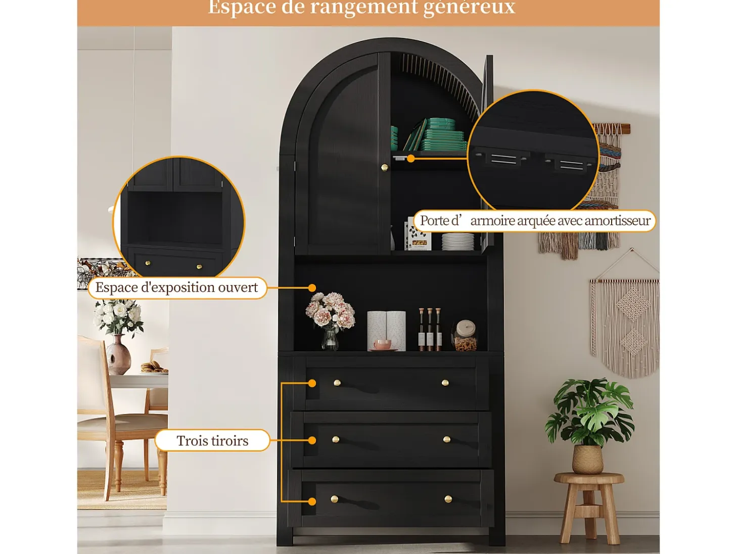 Aparador alto con puertas y cajones, estantes arqueados abiertos, negro, mueble para cocina o salón