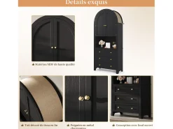 Aparador alto con puertas y cajones, estantes arqueados abiertos, negro, mueble para cocina o salón