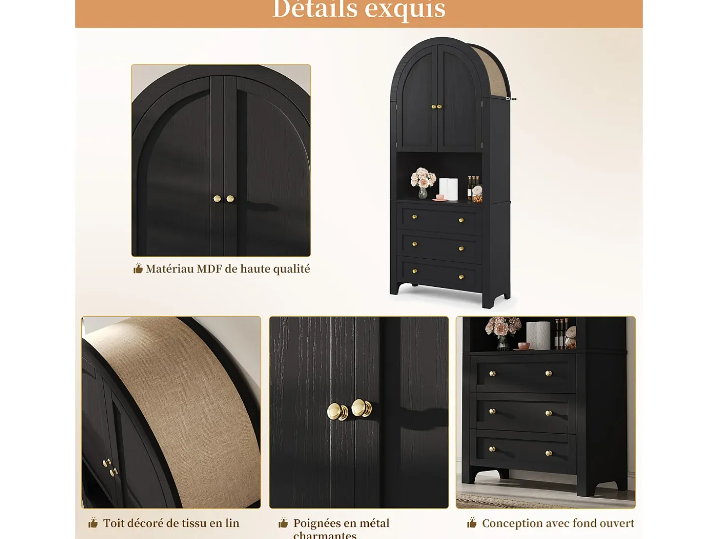 Aparador alto con puertas y cajones, estantes arqueados abiertos, negro, mueble para cocina o salón