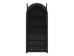 Aparador alto con puertas y cajones, estantes arqueados abiertos, negro, mueble para cocina o salón