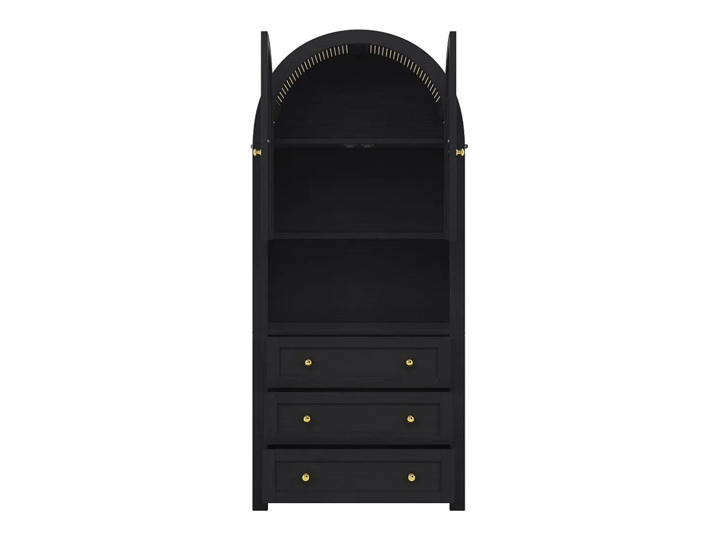 Aparador alto con puertas y cajones, estantes arqueados abiertos, negro, mueble para cocina o salón