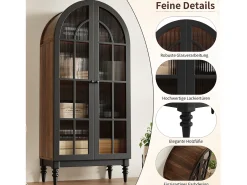Aparador alto curvo con almacenaje y acabado efecto madera - 76 x 35,5 x 165 cm - con puertas de cristal - para cocina y salón - MDF - negro