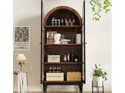 Aparador alto curvo con almacenaje y acabado efecto madera - 76 x 35,5 x 165 cm - con puertas de cristal - para cocina y salón - MDF - negro