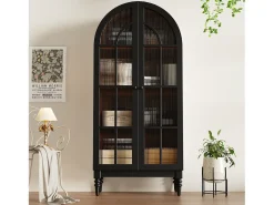 Aparador alto curvo con almacenaje y acabado efecto madera - 76 x 35,5 x 165 cm - con puertas de cristal - para cocina y salón - MDF - negro