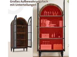 Aparador alto curvo con almacenaje y acabado efecto madera - 76 x 35,5 x 165 cm - con puertas de cristal - para cocina y salón - MDF - negro