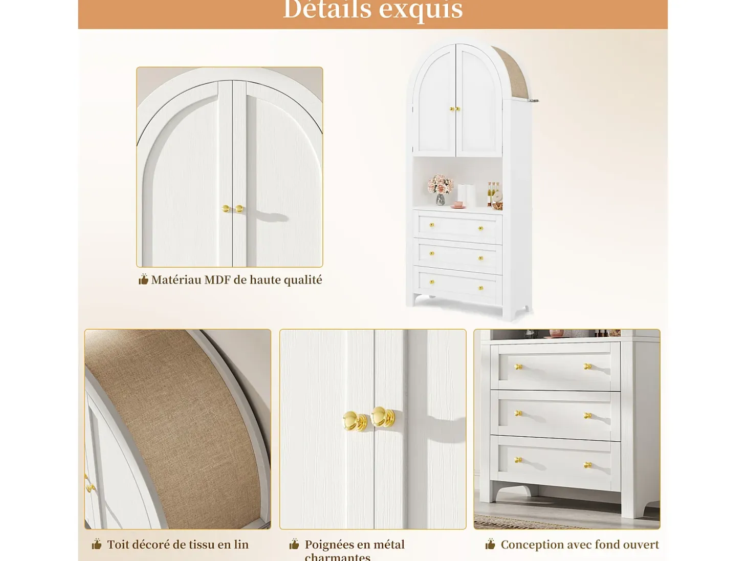Aparador alto de almacenaje - 70 x 35 x 180 cm - arqueado con 3 cajones y 2 puertas - MDF - blanco