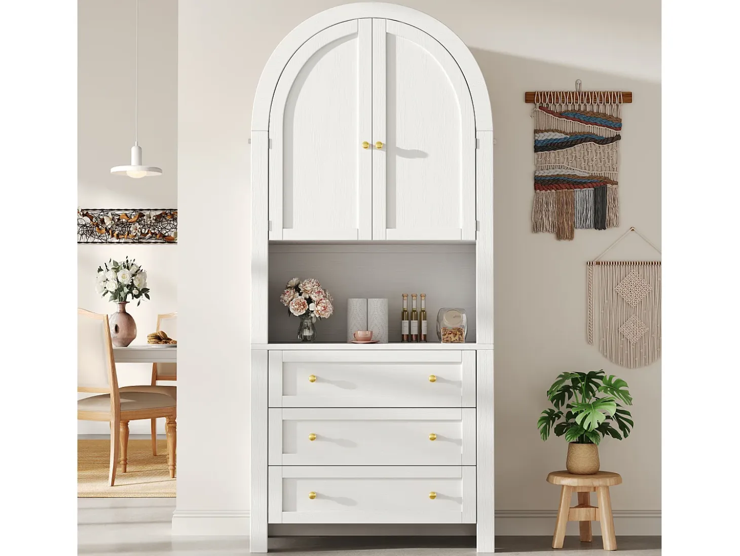 Aparador alto de almacenaje - 70 x 35 x 180 cm - arqueado con 3 cajones y 2 puertas - MDF - blanco