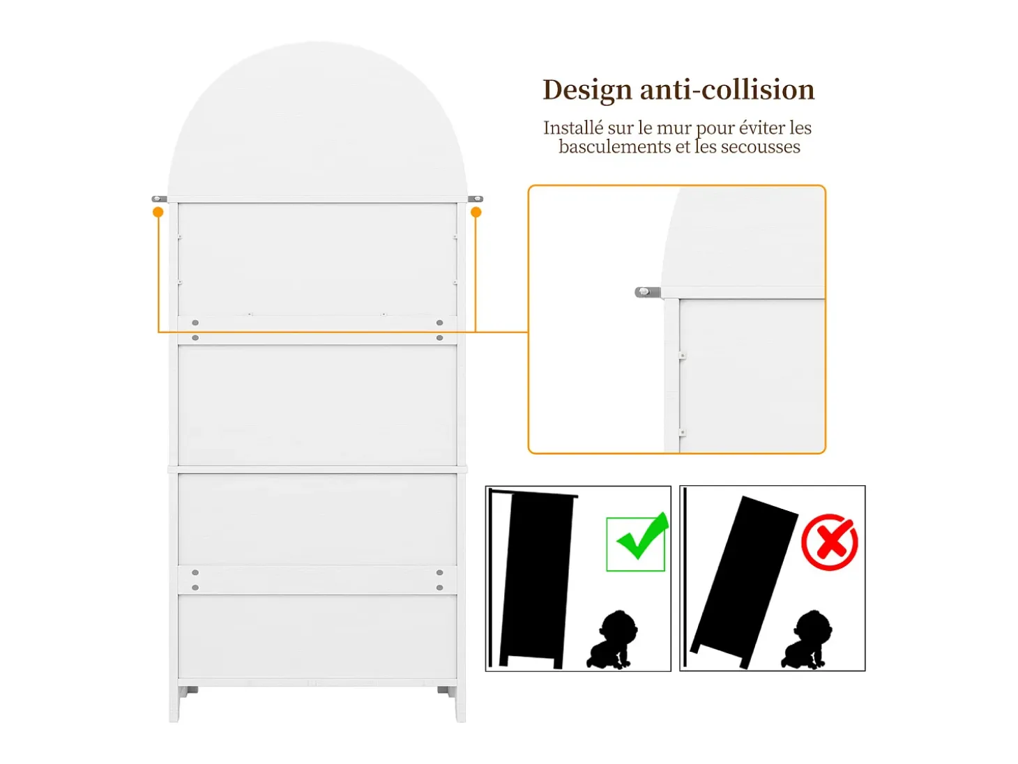 Aparador alto de almacenaje - 70 x 35 x 180 cm - arqueado con 3 cajones y 2 puertas - MDF - blanco