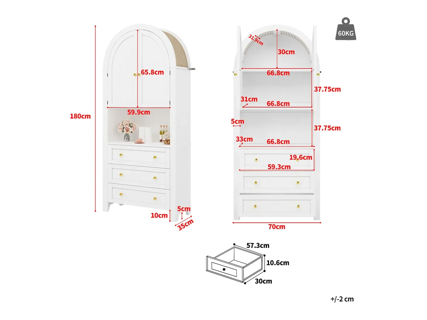 Aparador alto de almacenaje - 70 x 35 x 180 cm - arqueado con 3 cajones y 2 puertas - MDF - blanco