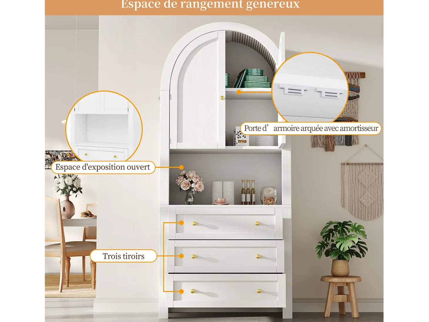 Aparador alto de almacenaje - 70 x 35 x 180 cm - arqueado con 3 cajones y 2 puertas - MDF - blanco