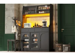 Aparador alto de cocina - 120 x 40 x 180 cm - con estantes regulables + 2 cajones + 3 puertas + LED - MDF + PB - negro