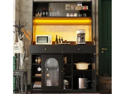 Aparador alto de cocina - 120 x 40 x 180 cm - con estantes regulables + 2 cajones + 3 puertas + LED - MDF + PB - negro