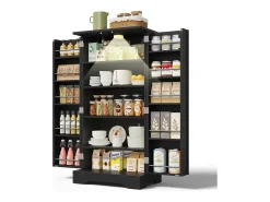 Aparador alto de cocina - 60 x 40 x 120 cm - con LED + 2 puertas con estantes regulables y baldas en la puerta - MDF - negro