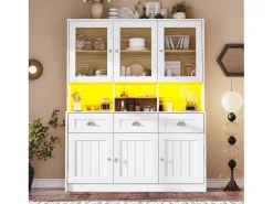 Aparador alto de cocina - 140 x 40 x 175 cm - con puertas + LED + 3 cajones - MDF - blanco