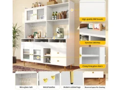 Aparador alto de cocina - 145 x 39 x 171 cm - con 4 puertas de cristal + 5 cajones - MDF - blanco