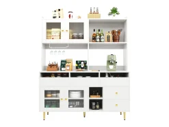 Aparador alto de cocina - 145 x 39 x 171 cm - con 4 puertas de cristal + 5 cajones - MDF - blanco