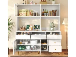 Aparador alto de cocina - 145 x 39 x 171 cm - con 4 puertas de cristal + 5 cajones - MDF - blanco
