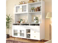 Aparador alto de cocina - 145 x 39 x 171 cm - con 4 puertas de cristal + 5 cajones - MDF - blanco