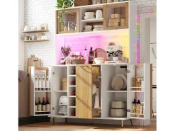 Aparador alto de cocina - 120 x 40 x 170 cm - con LED + botellero + estante snack + 5 puertas + toma de corriente - MDF - natural