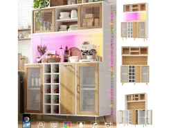 Aparador alto de cocina - 120 x 40 x 170 cm - con LED + botellero + estante snack + 5 puertas + toma de corriente - MDF - natural