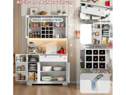 Aparador alto de cocina - 105 x 40 x 180 cm - con cajón + 5 puertas + estantes + LED + enchufes - MDF - blanco