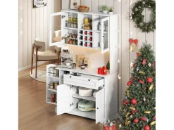 Aparador alto de cocina - 105 x 40 x 180 cm - con cajón + 5 puertas + estantes + LED + enchufes - MDF - blanco