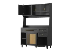 Aparador alto de cocina - 120 x 45 x 195,5 cm - con estantes regulables + 3 cajones + 3 puertas + LED - MDF + ratán PE - negro