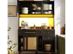 Aparador alto de cocina - 120 x 45 x 195,5 cm - con estantes regulables + 3 cajones + 3 puertas + LED - MDF + ratán PE - negro