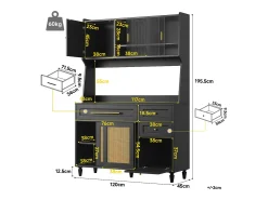 Aparador alto de cocina - 120 x 45 x 195,5 cm - con estantes regulables + 3 cajones + 3 puertas + LED - MDF + ratán PE - negro