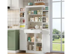 Aparador alto de cocina - 182 x 40 x 75 cm - con 4 puertas + compartimentos de almacenaje + cajón - MDF - blanco