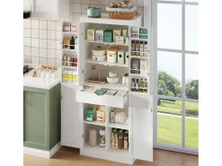 Aparador alto de cocina - 182 x 40 x 75 cm - con 4 puertas + compartimentos de almacenaje + cajón - MDF - blanco