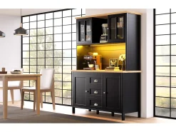 Aparador alto de cocina - 120 x 40 x 179 cm - con LEDs + 4 puertas + 3 cajones + balda - MDF + metal - negro