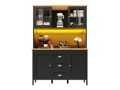 Aparador alto de cocina - 120 x 40 x 179 cm - con LEDs + 4 puertas + 3 cajones + balda - MDF + metal - negro