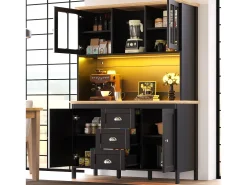 Aparador alto de cocina - 120 x 40 x 179 cm - con LEDs + 4 puertas + 3 cajones + balda - MDF + metal - negro