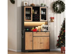 Aparador alto de cocina - 105 x 40 x 180 cm - con cajón + 5 puertas + estantes + LED + enchufes - MDF - natural