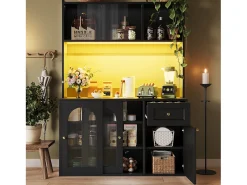 Aparador alto de cocina - 120 x 35 x 167 cm - con estantes regulables + 3 puertas + 1 cajón + LED - MDF + PB - negro