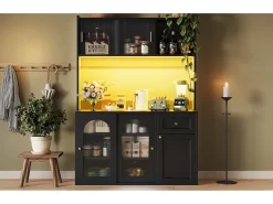 Aparador alto de cocina - 120 x 35 x 167 cm - con estantes regulables + 3 puertas + 1 cajón + LED - MDF + PB - negro