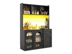 Aparador alto de cocina - 120 x 35 x 167 cm - con estantes regulables + 3 puertas + 1 cajón + LED - MDF + PB - negro