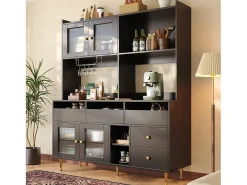 Aparador alto de cocina - 145 x 39 x 171 cm - con 4 puertas de cristal + 5 cajones - MDF - blanco