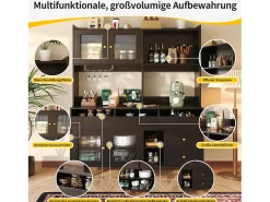 Aparador alto de cocina - 145 x 39 x 171 cm - con 4 puertas de cristal + 5 cajones - MDF - blanco