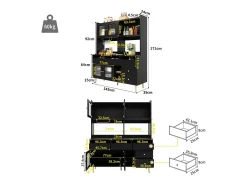 Aparador alto de cocina - 145 x 39 x 171 cm - con 4 puertas de cristal + 5 cajones - MDF - blanco