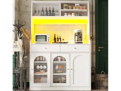 Aparador alto de cocina - 120 x 40 x 180 cm - con estantes regulables + 2 cajones + 3 puertas + LED - MDF + PB - blanco